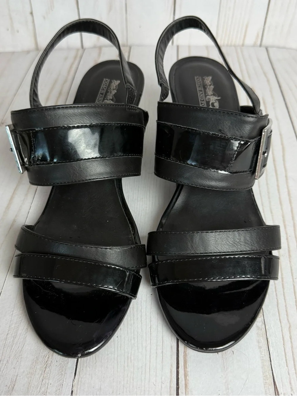 Coach and Four Black Patent Leather Wedge Sandals Open Toe Slingback Buckle